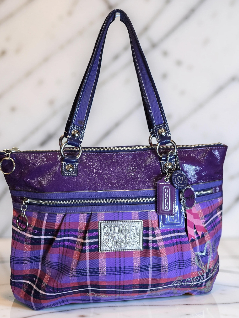Coach Poppy Tartan Plaid Glam Tote Bag 4  Original Charms/Hangtags